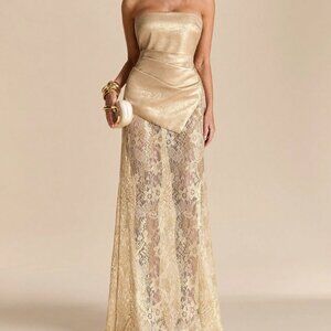 Gold Party Women's Asymmetric Hem Sheer Lace Elegant Mini Gown